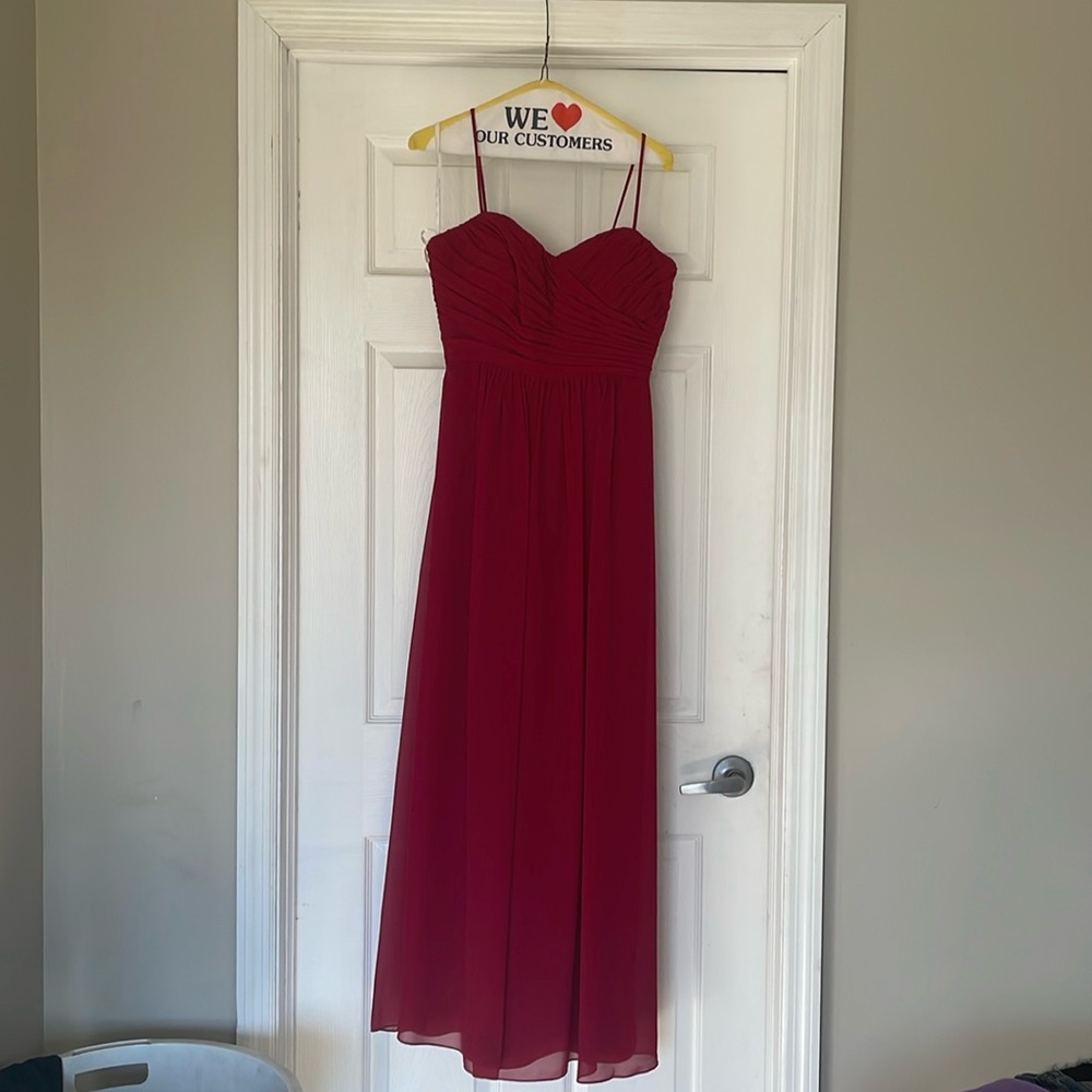 Red bridesmaid dress, spaghetti, strap, floor length